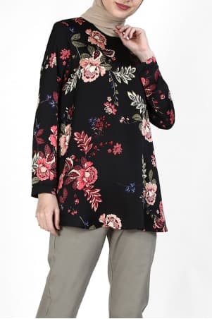 Merai Flared High Neck Blouse - Black Blue Flora