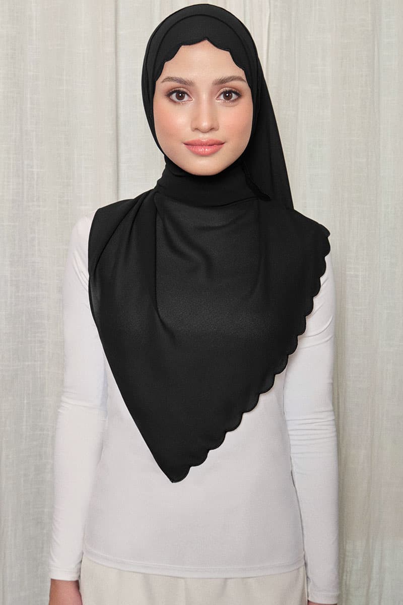 Leily Scallop Chiffon Headscarf - Black - Image 1