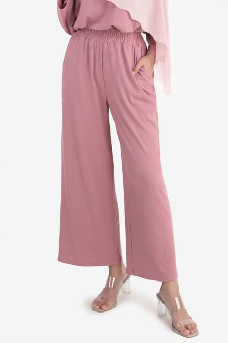 Umaiza Ribbed Knit Wide Legged Pants - Dusty Rose