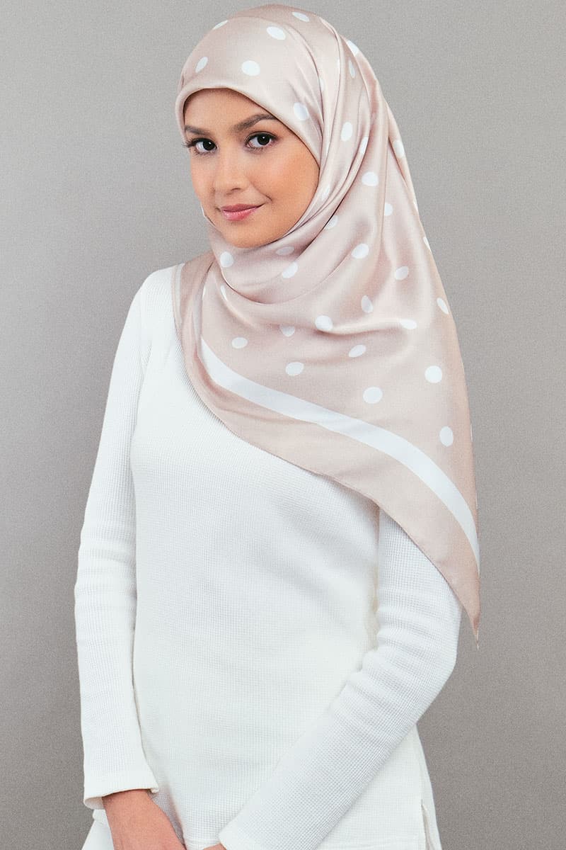 Andie Satin Printed Square Headscarf - Beige/White Dots - Image 1