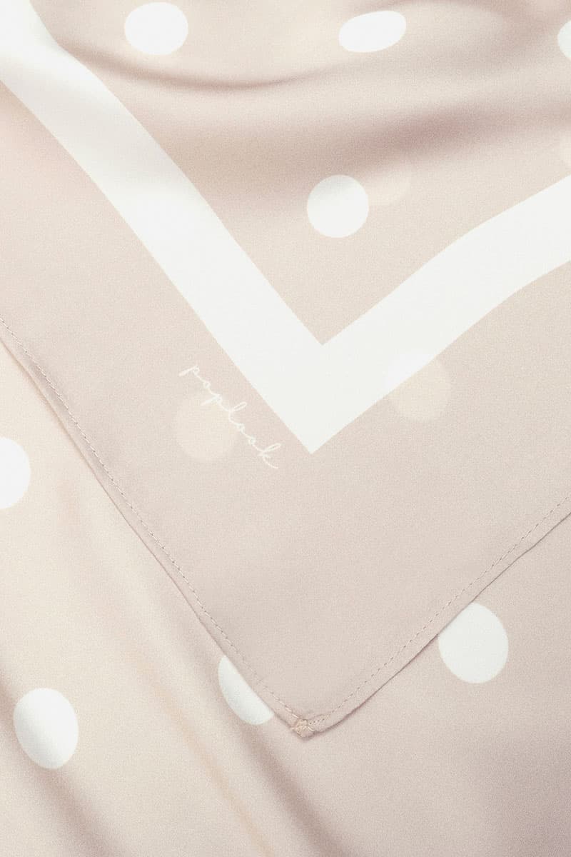 Andie Satin Printed Square Headscarf - Beige/White Dots - Image 3