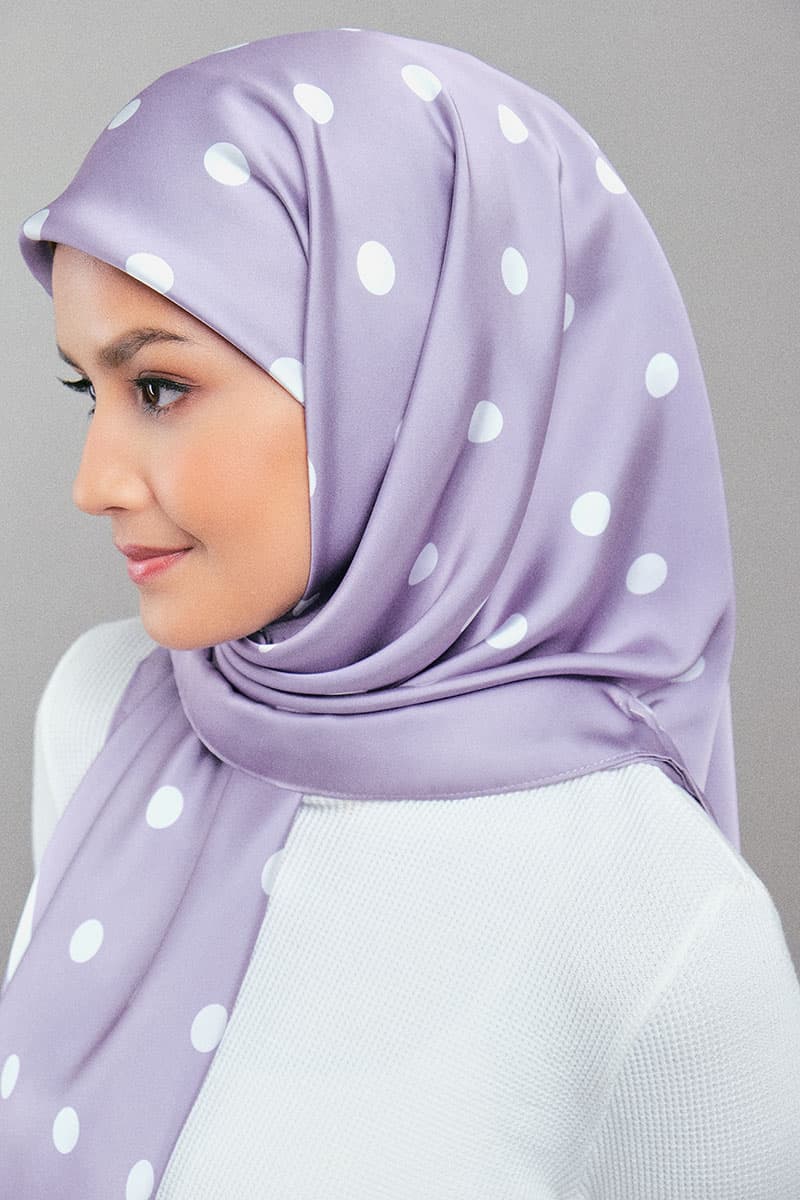 Andie Satin Printed Square Headscarf - Lilac/White Dots - Image 2