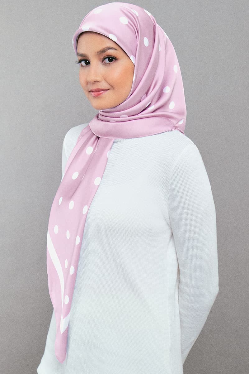 Andie Satin Printed Square Headscarf - Pink/White Dots - Image 2