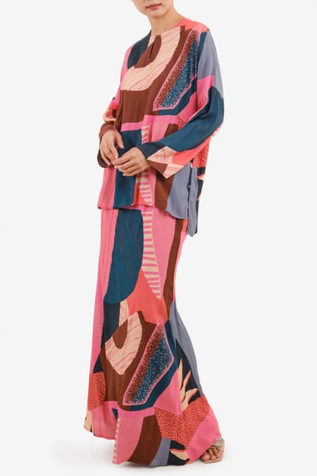 Wasfia Mermaid Rayon Skirt - Pink/Teal Abstract