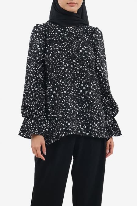 Cataleya Puff Shoulder Blouse - Black/White Flower