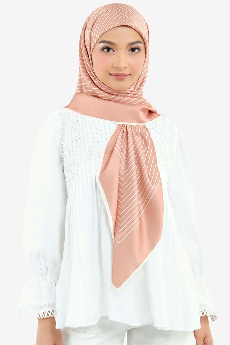 Bahija Satin Printed Square Headscarf - Deep Apricot - Image 1