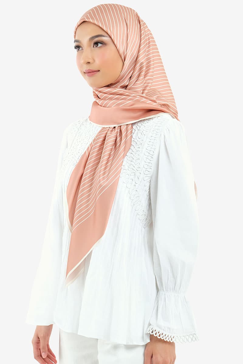Bahija Satin Printed Square Headscarf - Deep Apricot - Image 2