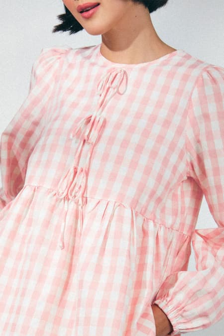 Sarafina Gathered Waist Blouse - Pink Checkered