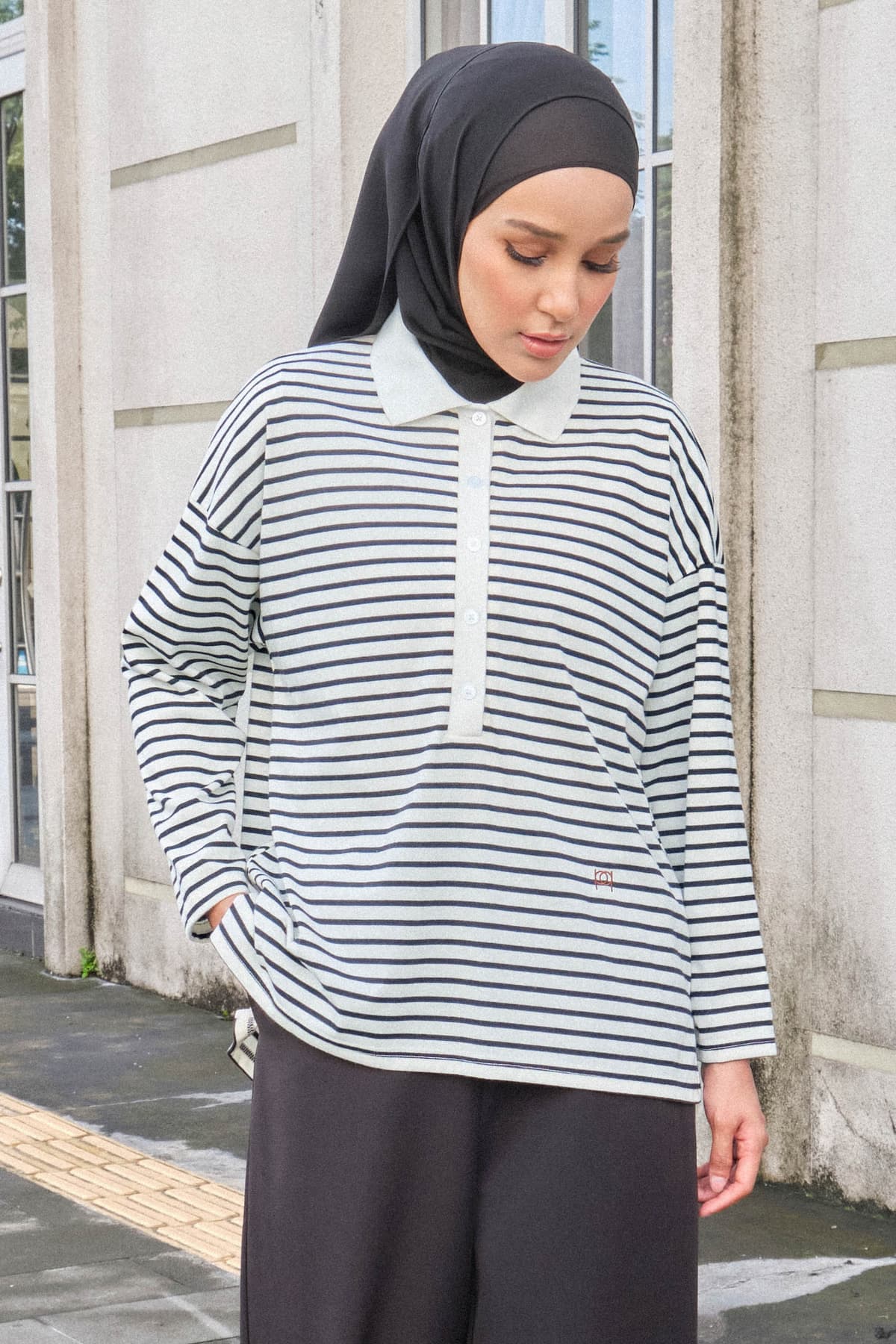 Darian Drop Shoulder Polo Top - White/Black Lines - Image 1