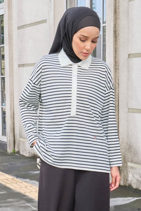 Darian Drop Shoulder Polo Top - White/Black Lines