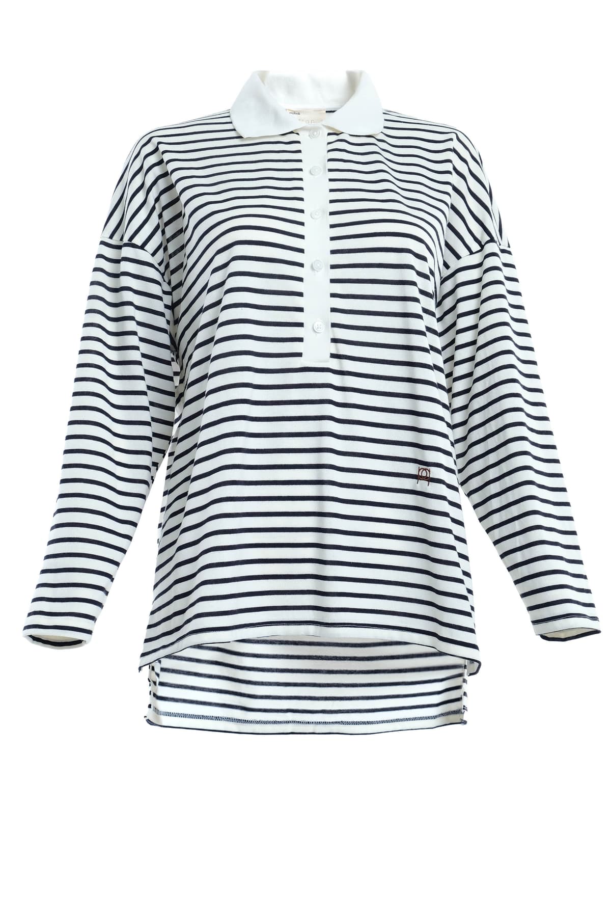 Darian Drop Shoulder Polo Top - White/Black Lines - Image 2