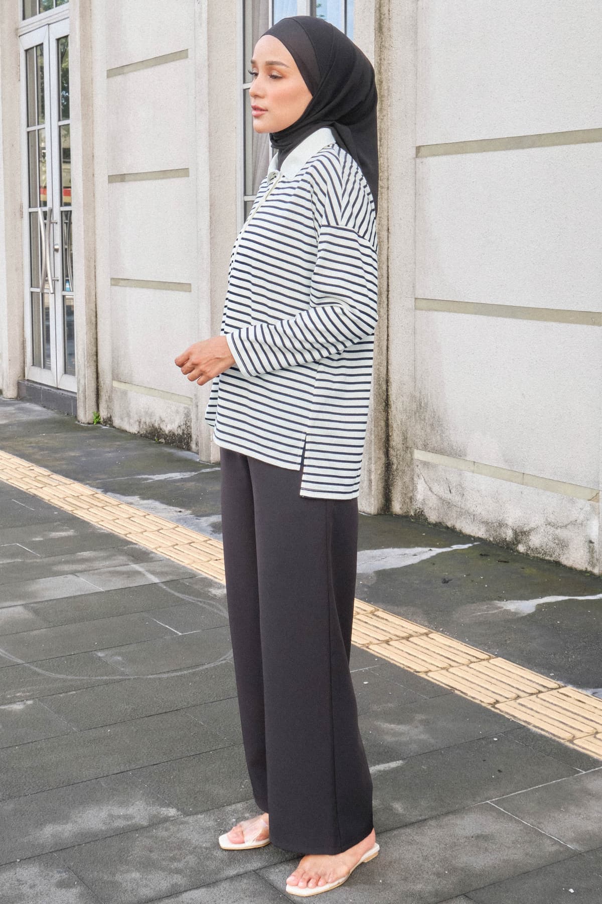 Darian Drop Shoulder Polo Top - White/Black Lines - Image 3