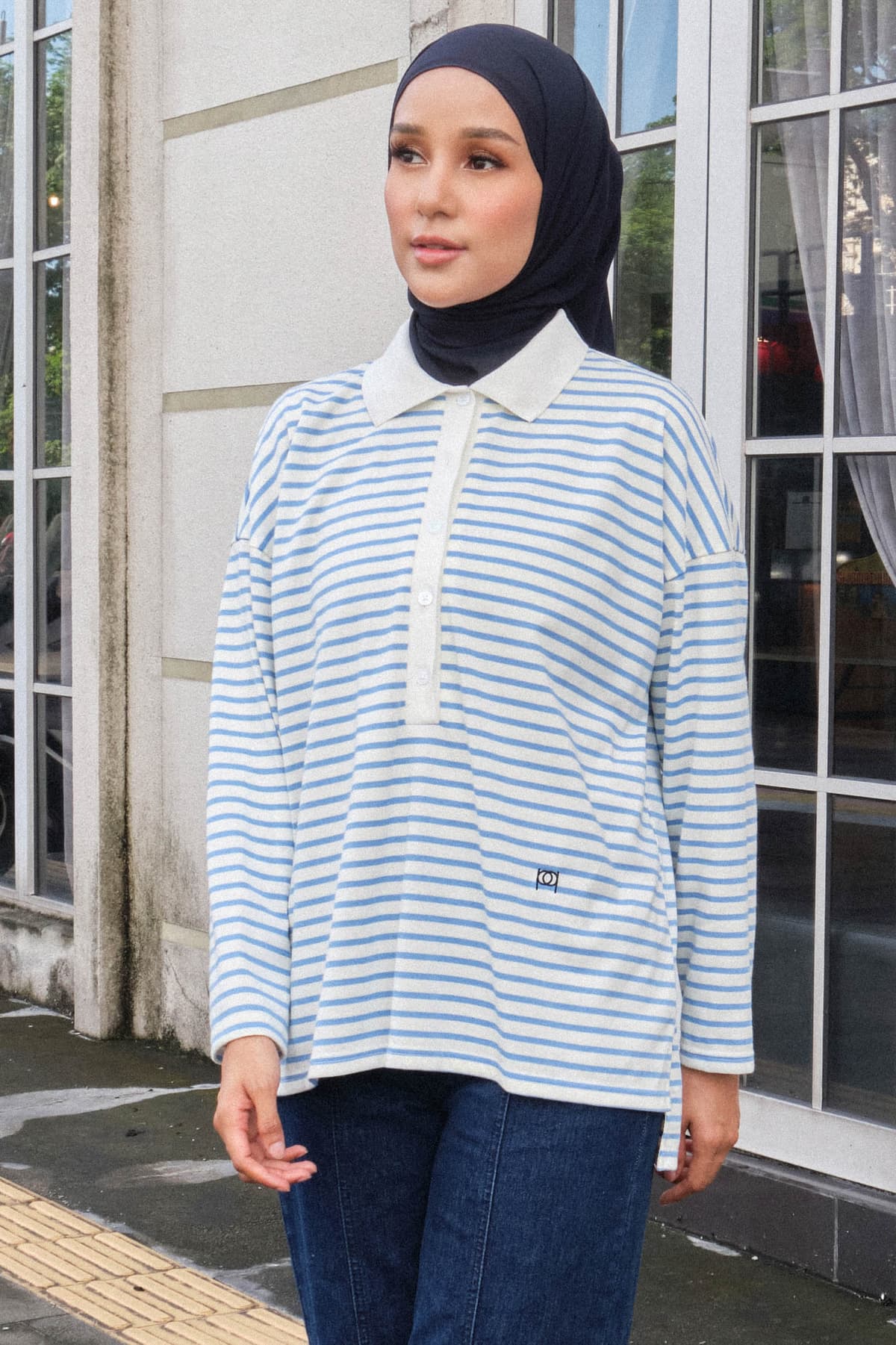 Darian Drop Shoulder Polo Top - White/Blue Lines - Image 1