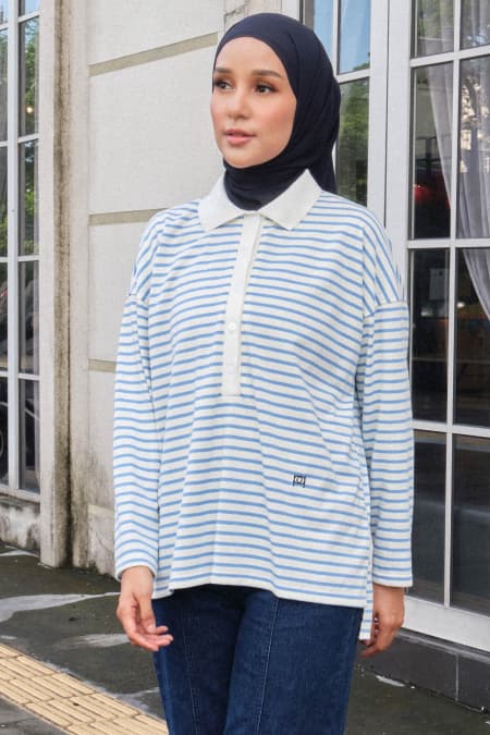 Darian Drop Shoulder Polo Top - White/Blue Lines