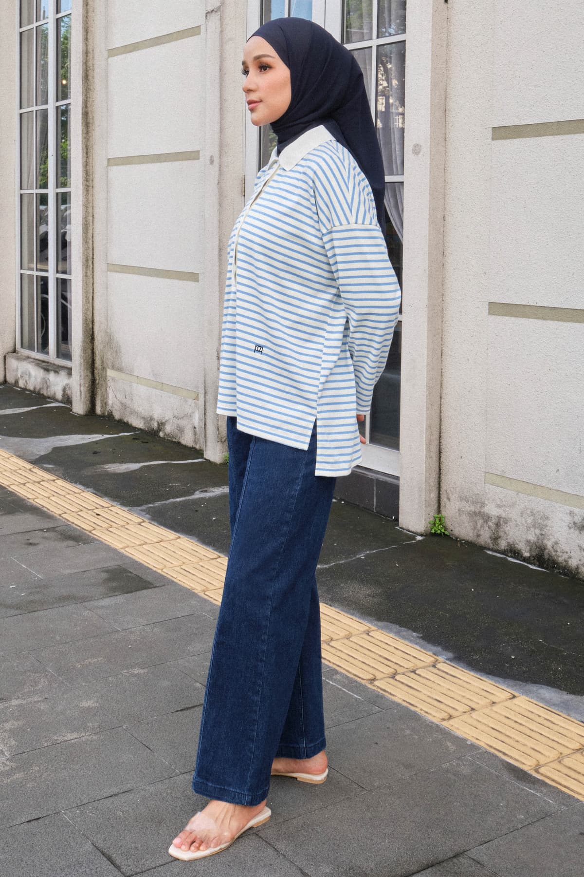 Darian Drop Shoulder Polo Top - White/Blue Lines - Image 3