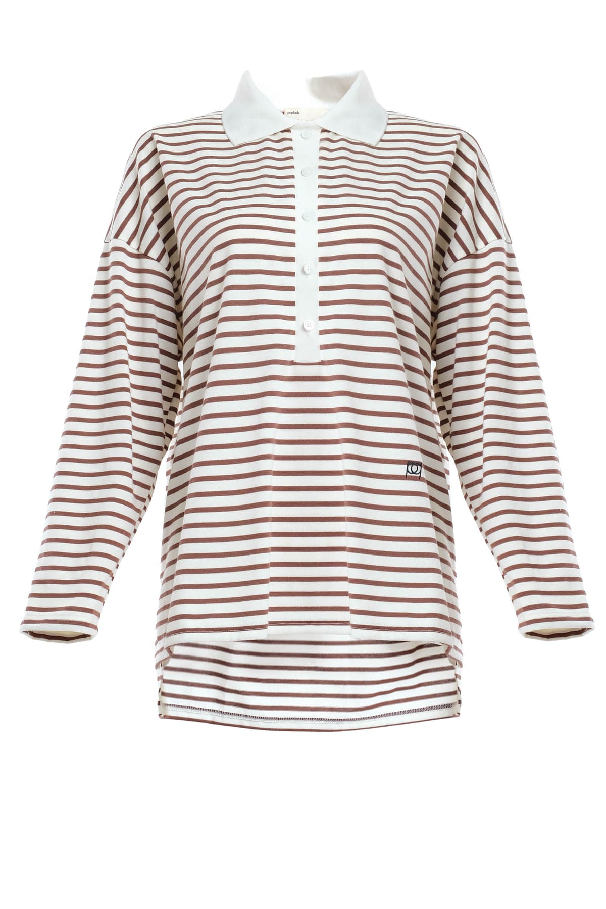 Darian Drop Shoulder Polo Top - White/Brown Lines - Image 2