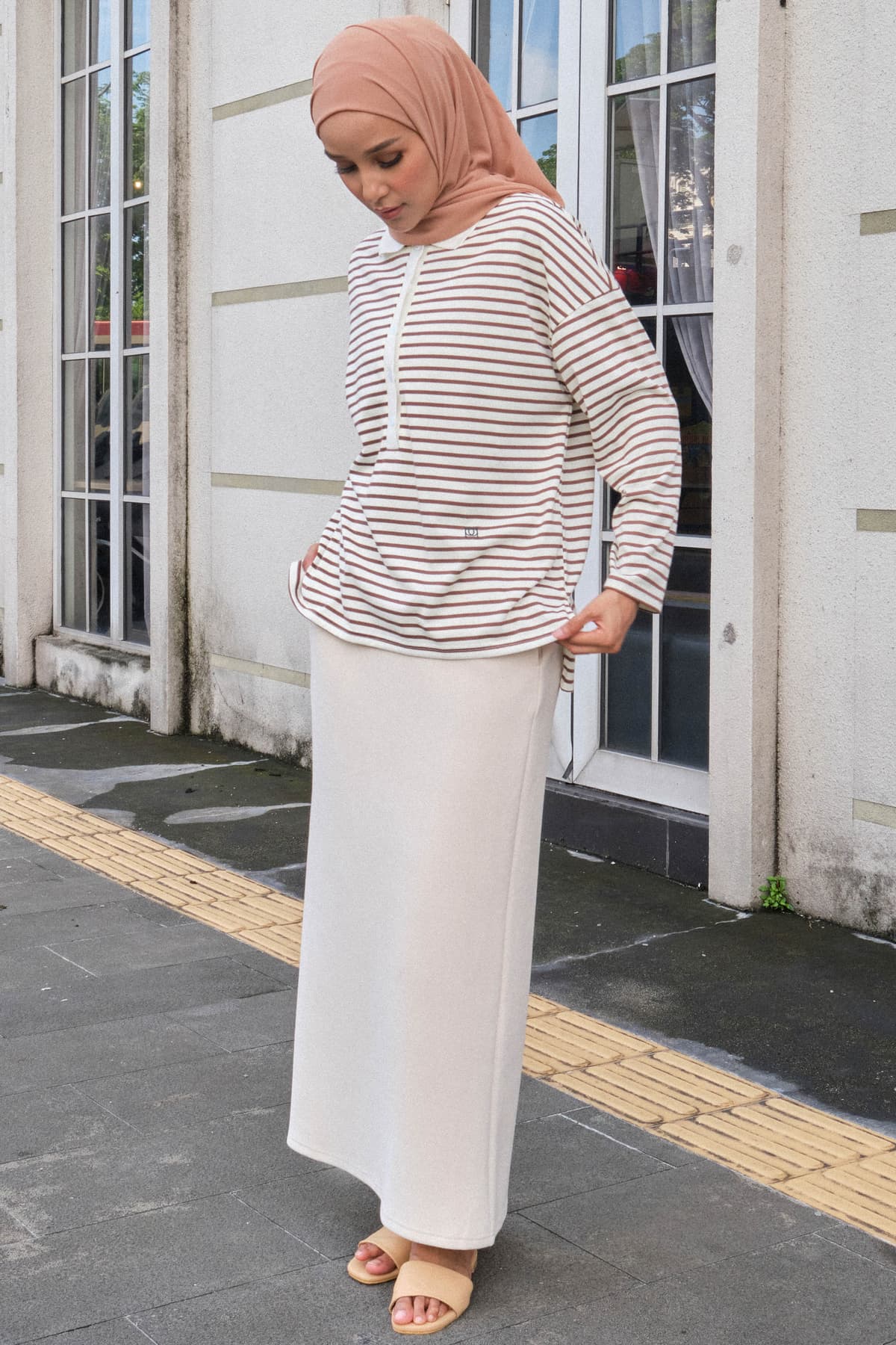 Darian Drop Shoulder Polo Top - White/Brown Lines - Image 3