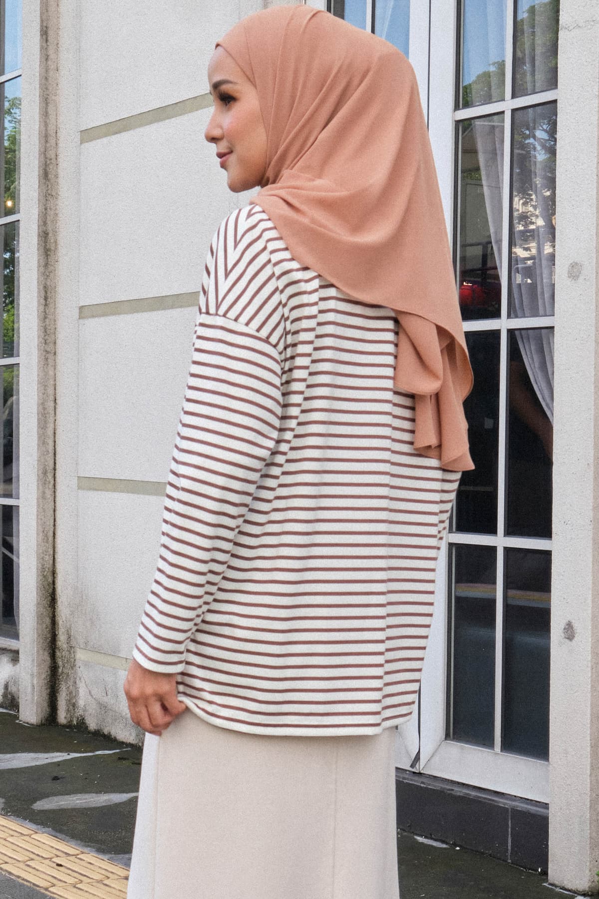 Darian Drop Shoulder Polo Top - White/Brown Lines - Image 4