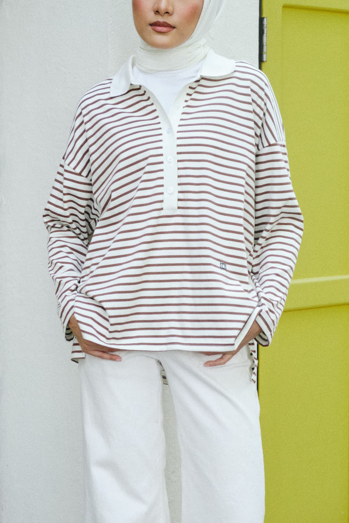 Darian Drop Shoulder Polo Top - White/Brown Lines - Image 1