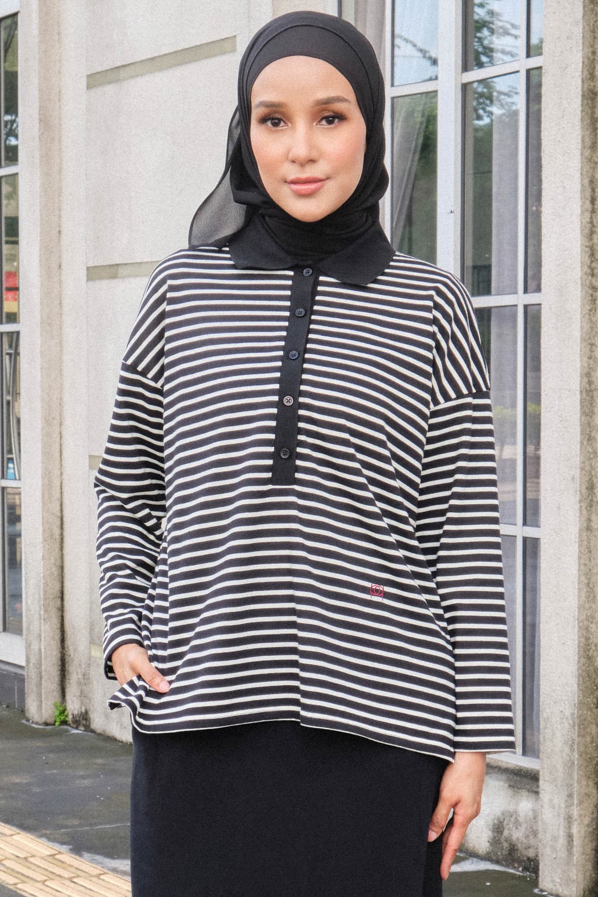 Darian Drop Shoulder Polo Top - Black/White Lines - Image 1