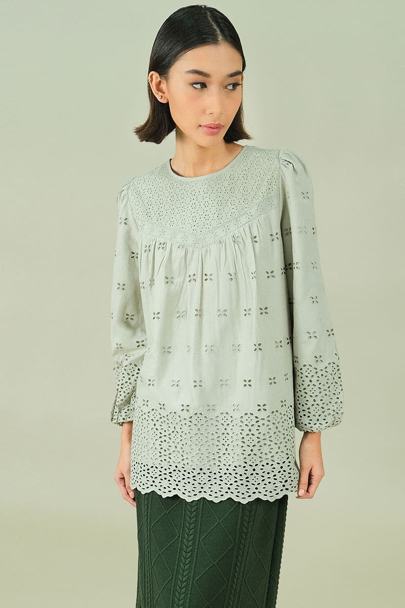 Bristol Embroidered Eyelet Blouse - Alfalfa Green - Image 1