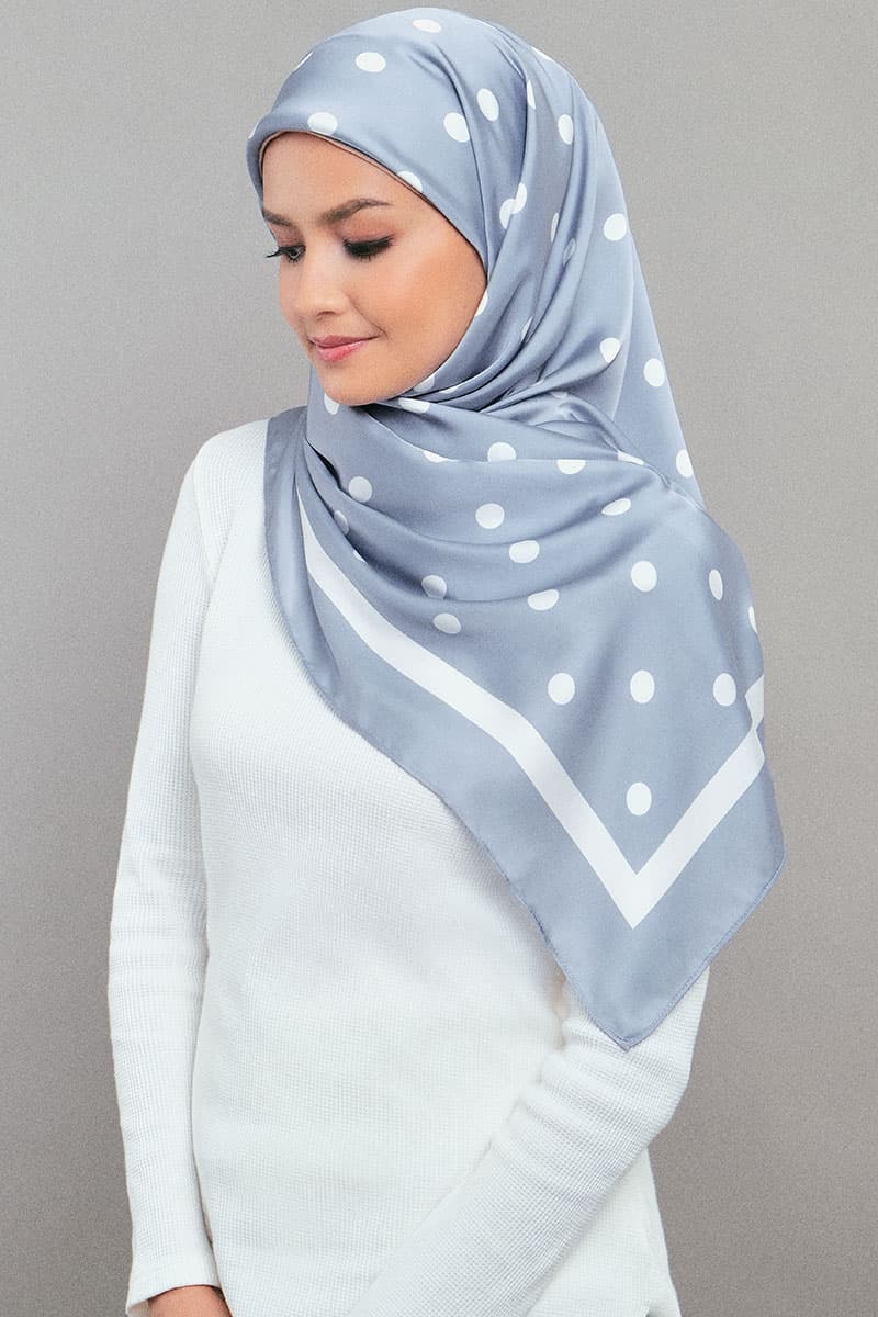 Andie Satin Printed Square Headscarf - Blue/White Dots - Image 1