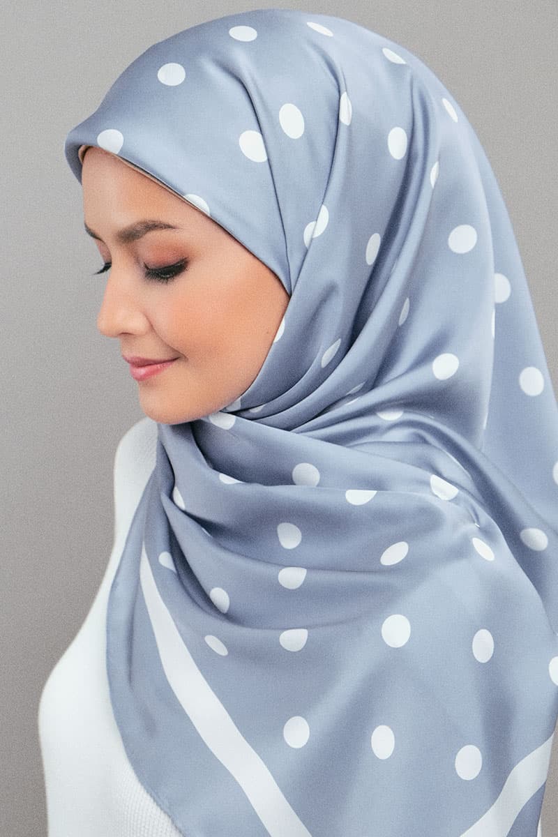 Andie Satin Printed Square Headscarf - Blue/White Dots - Image 2