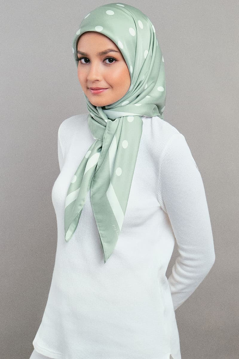 Andie Satin Printed Square Headscarf - Seafoam/White Dots - Image 1