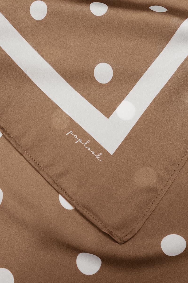 Andie Satin Printed Square Headscarf - Coffee/White Dots - Image 3