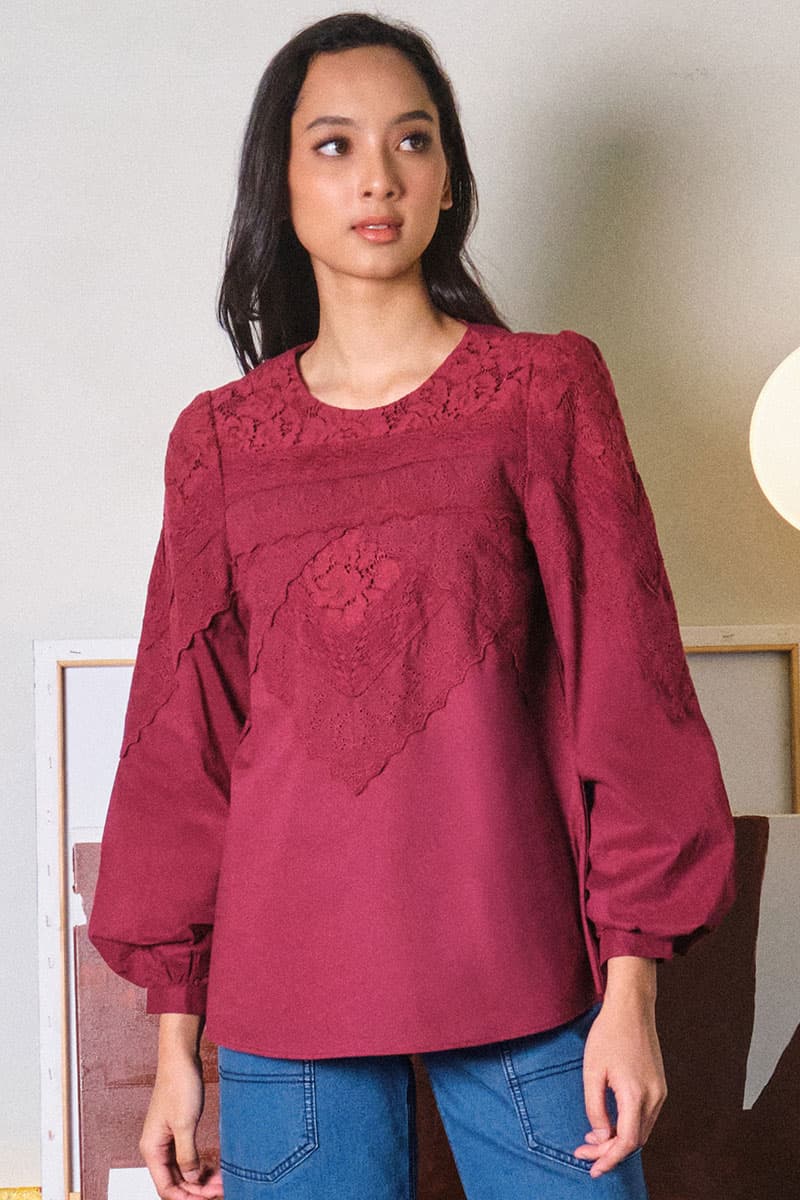 Divina Puff Shoulder Blouse - Maroon - Image 1