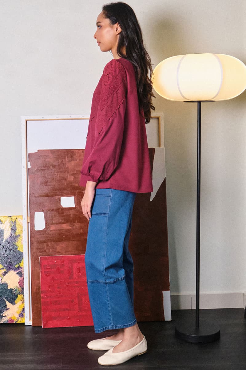 Divina Puff Shoulder Blouse - Maroon - Image 3