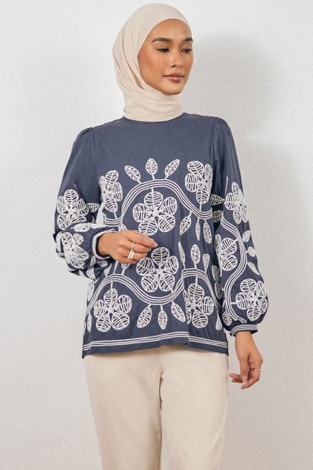 Bronwyn Puff Shoulder Blouse - Midnight Blue