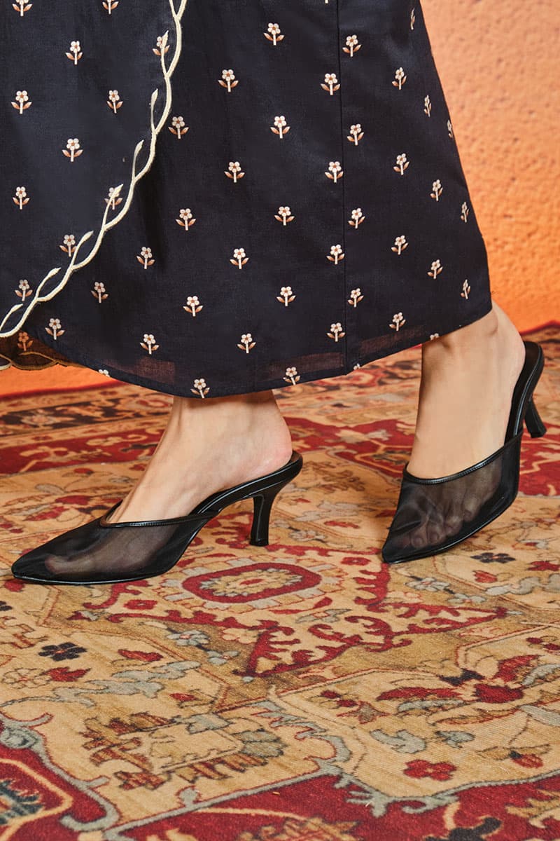 Maheen Mesh Mule Heels - Black/Black - Image 3