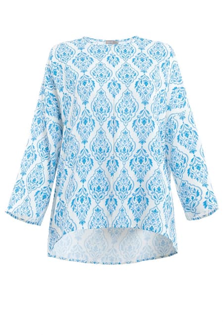 Raihanab Zip-Front Blouse - Cream/Blue Damask