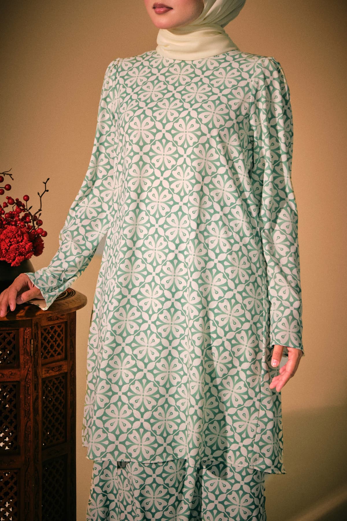 Jenab Puff Shoulder Blouse - Mint Motif - Image 1