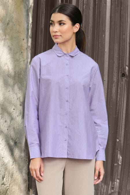 Mason Front Button Shirt - Lilac Stripe