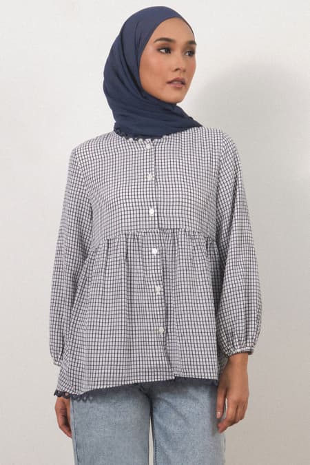 Hanija Front Button Blouse - Navy Check
