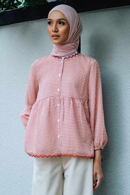 Hanija Front Button Blouse - Burgundy Check