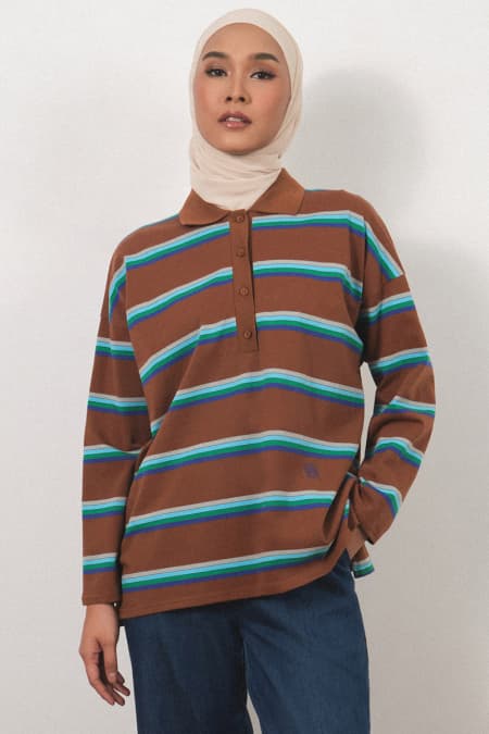 Rowe Drop Shoulder Polo Top - Brown Stripe