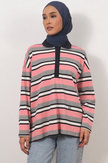Rowe Drop Shoulder Polo Top - Pink Stripe