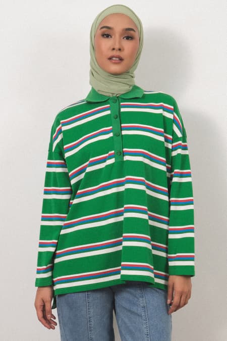 Rowe Drop Shoulder Polo Top - Green Stripe