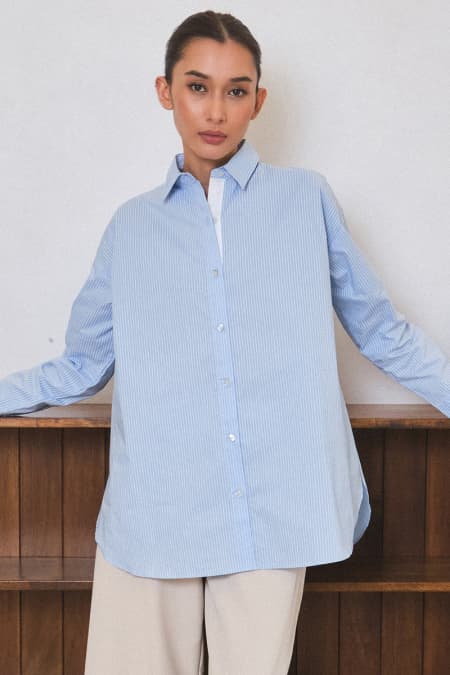 Humayra Front Button Shirt - Blue/White Stripe