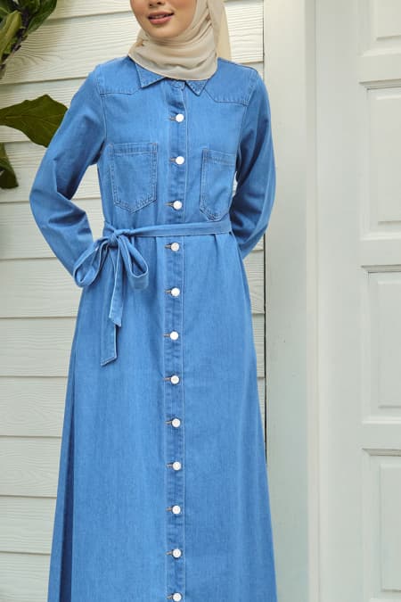COTTON Razaan Front Button Dress - Medium Wash