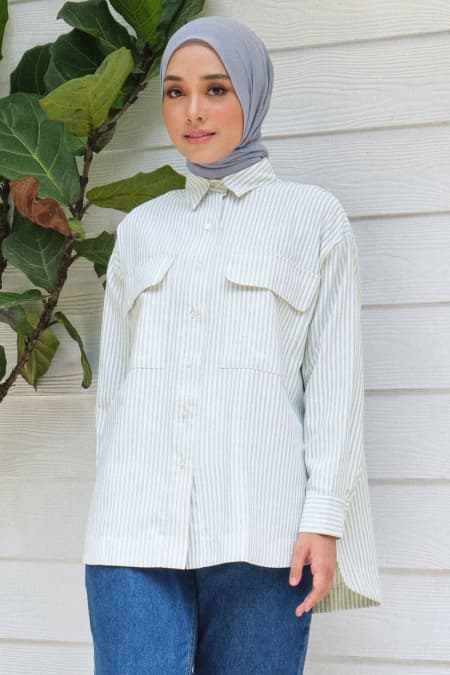 Safari Front Button Shirt - Green Stripe