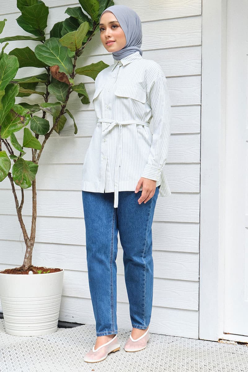 Safari Front Button Shirt - Green Stripe - Image 3