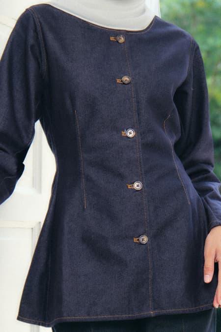COTTON Collin Front Button Blouse - Dark Wash