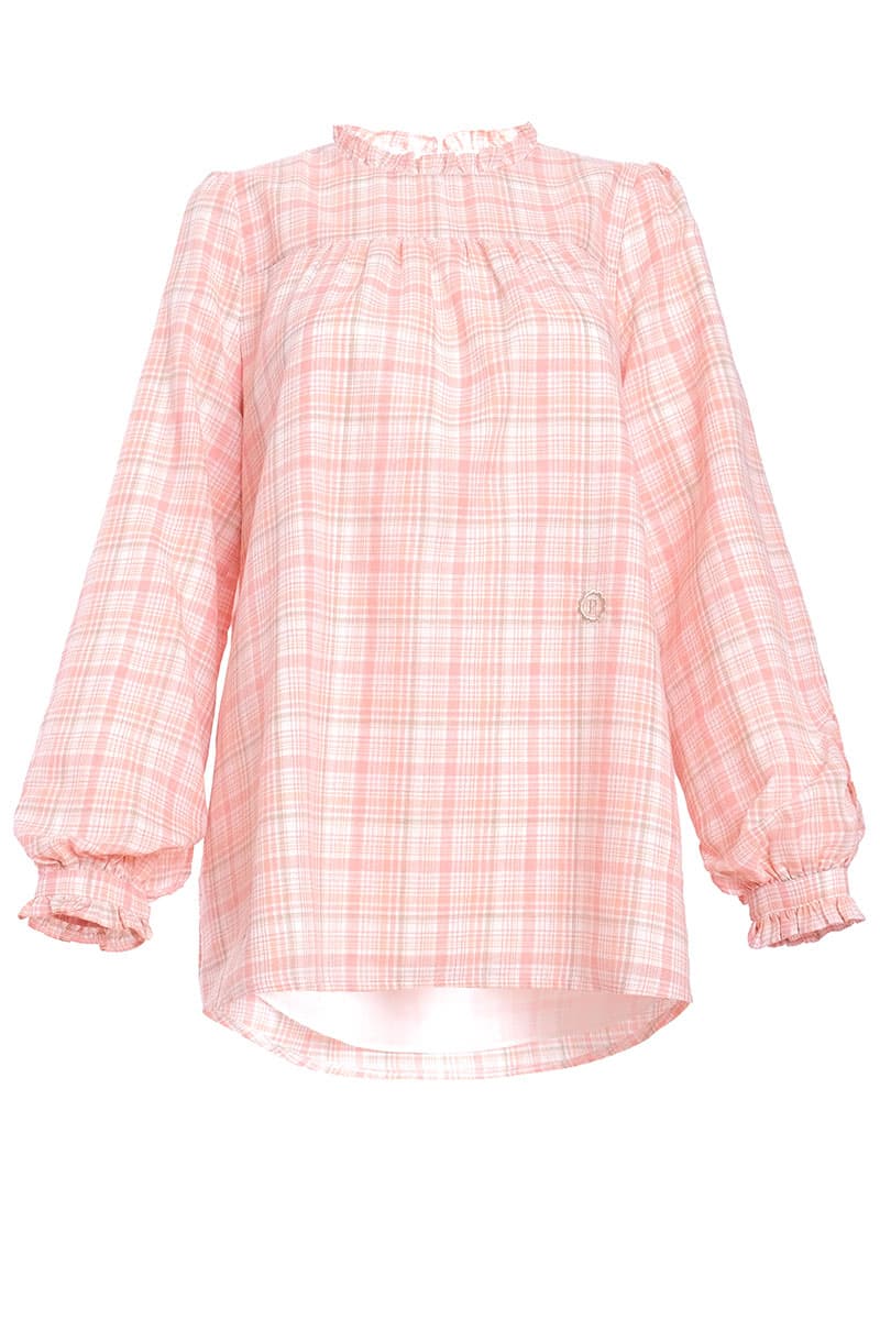Sydney Puff Shoulder Blouse - Peach Check - Image 2