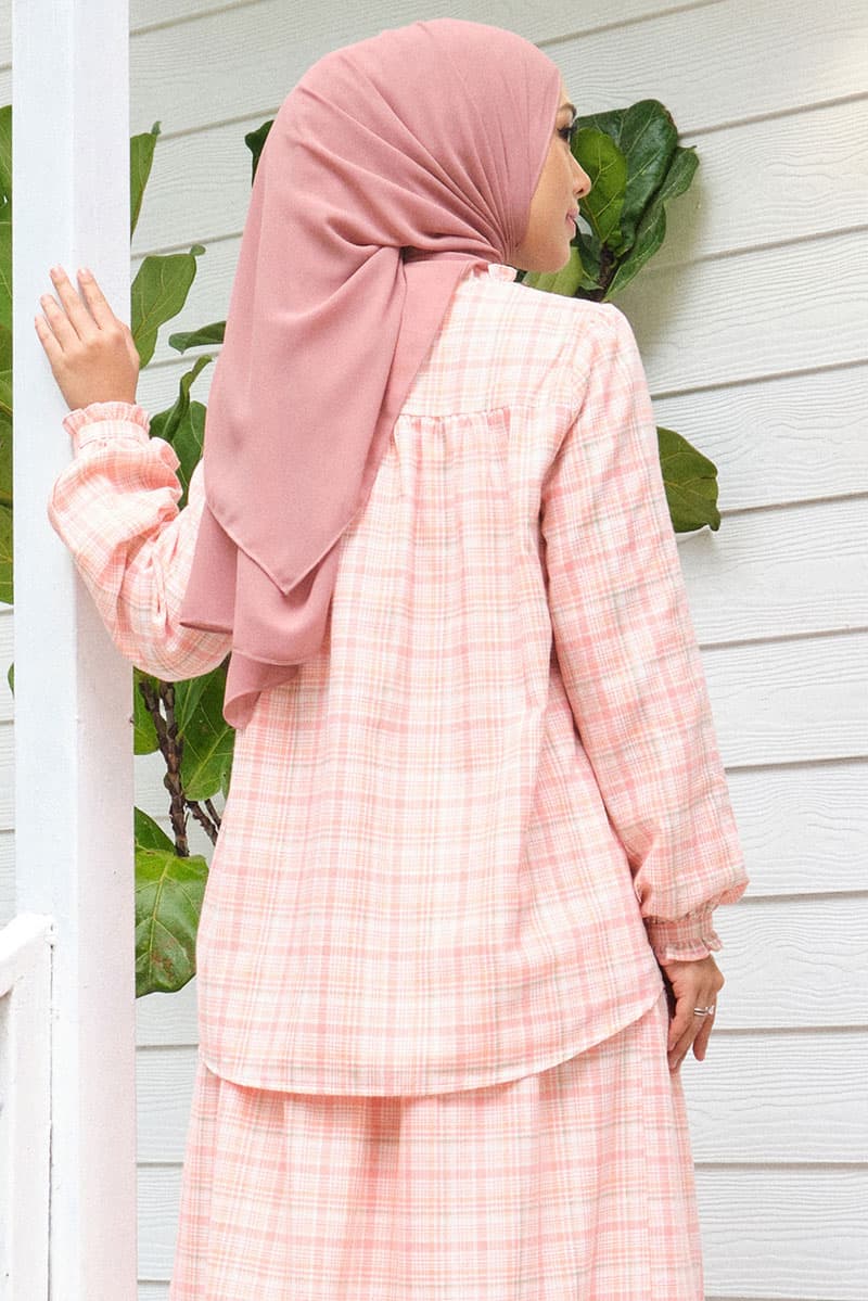 Sydney Puff Shoulder Blouse - Peach Check - Image 4