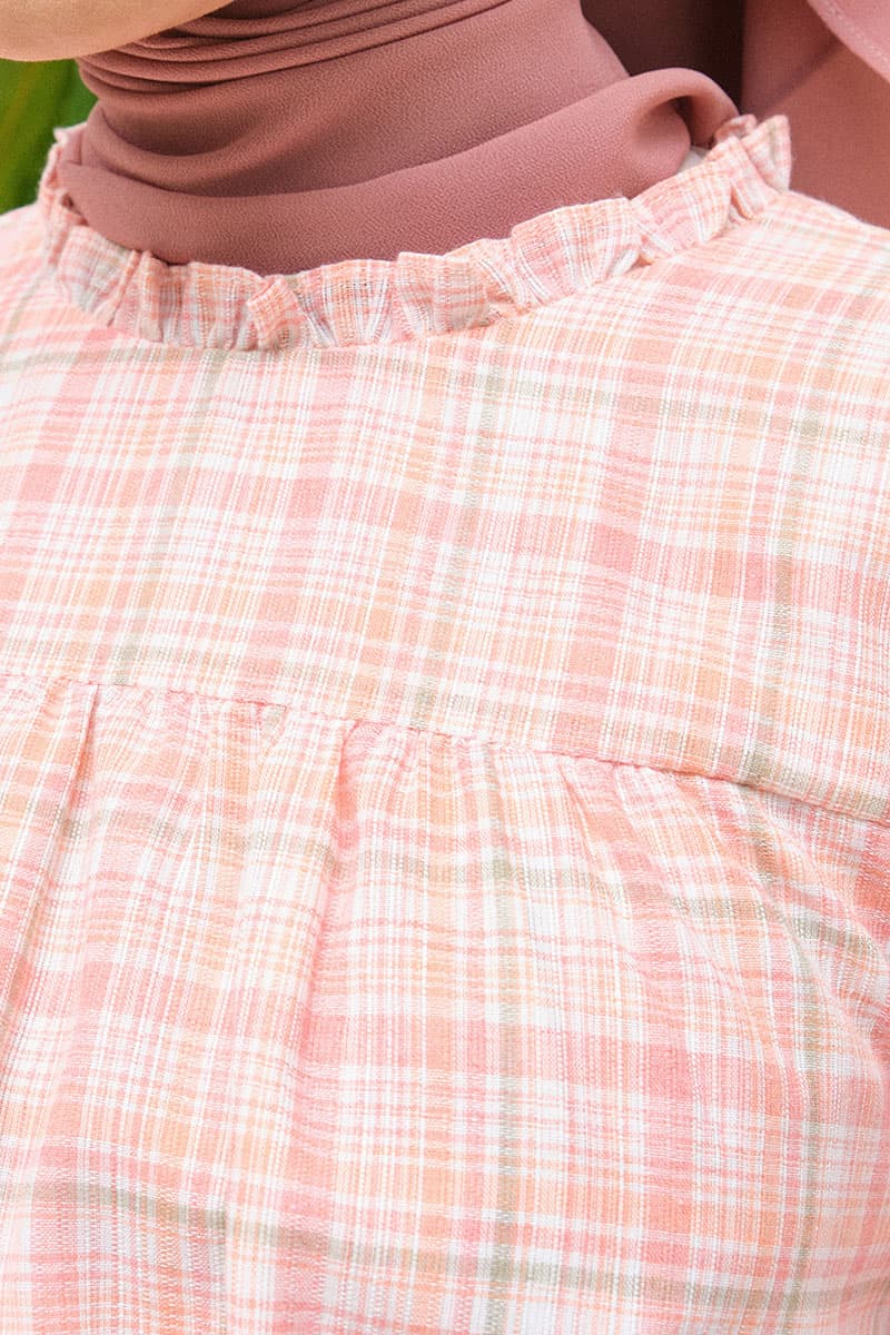 Sydney Puff Shoulder Blouse - Peach Check - Image 6