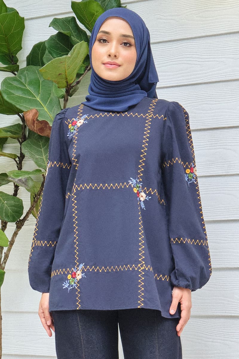 Rhythm Puff Shoulder Blouse - Graphite Blue - Image 1